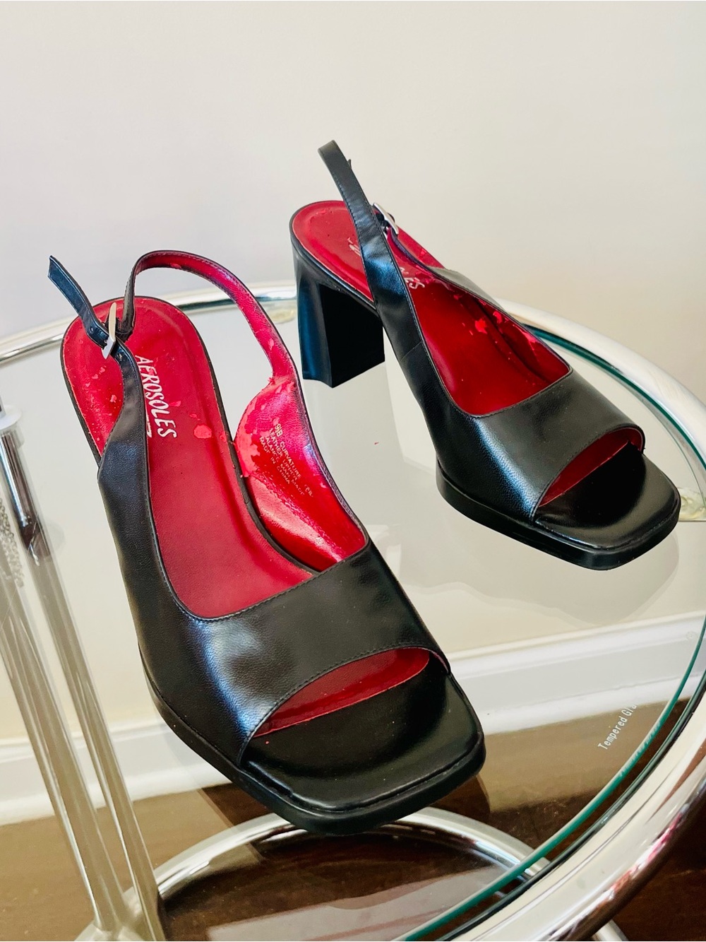 AEROSOLES Black Slingback Block Heels with Red Insole